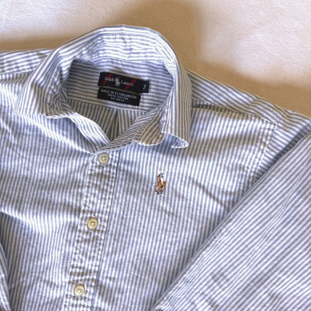 Ralph Lauren Boys Size 7 Blue White Striped‎ Oxford Shirt Pony Logo Button Down